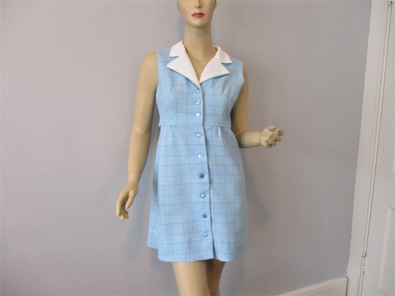 Mini Dress Vintage 1960s Blue White Polyester Plai