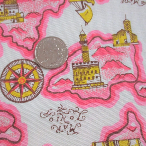 Linen Novelty Print Fabric Vintage 1970s Mar Tirreno Italy Italian Tyrrhenian Sea Castles Compass Ships