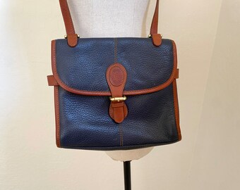 LIZ CLAIBORNE Purse Vintage 1980s Navy Blue Brown Leather Crossbody