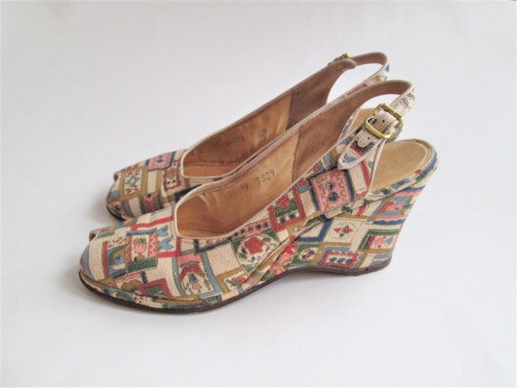 Vintage 1940s Sandals Wedge Slingback Peeptoe Geom