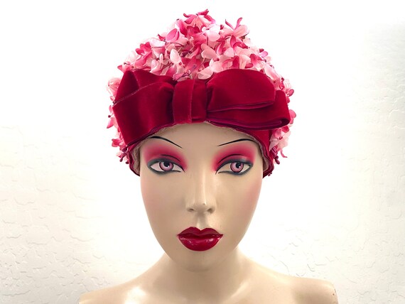 Pink Floral Hat Vintage 1960s Mod Velvet Bow - image 2
