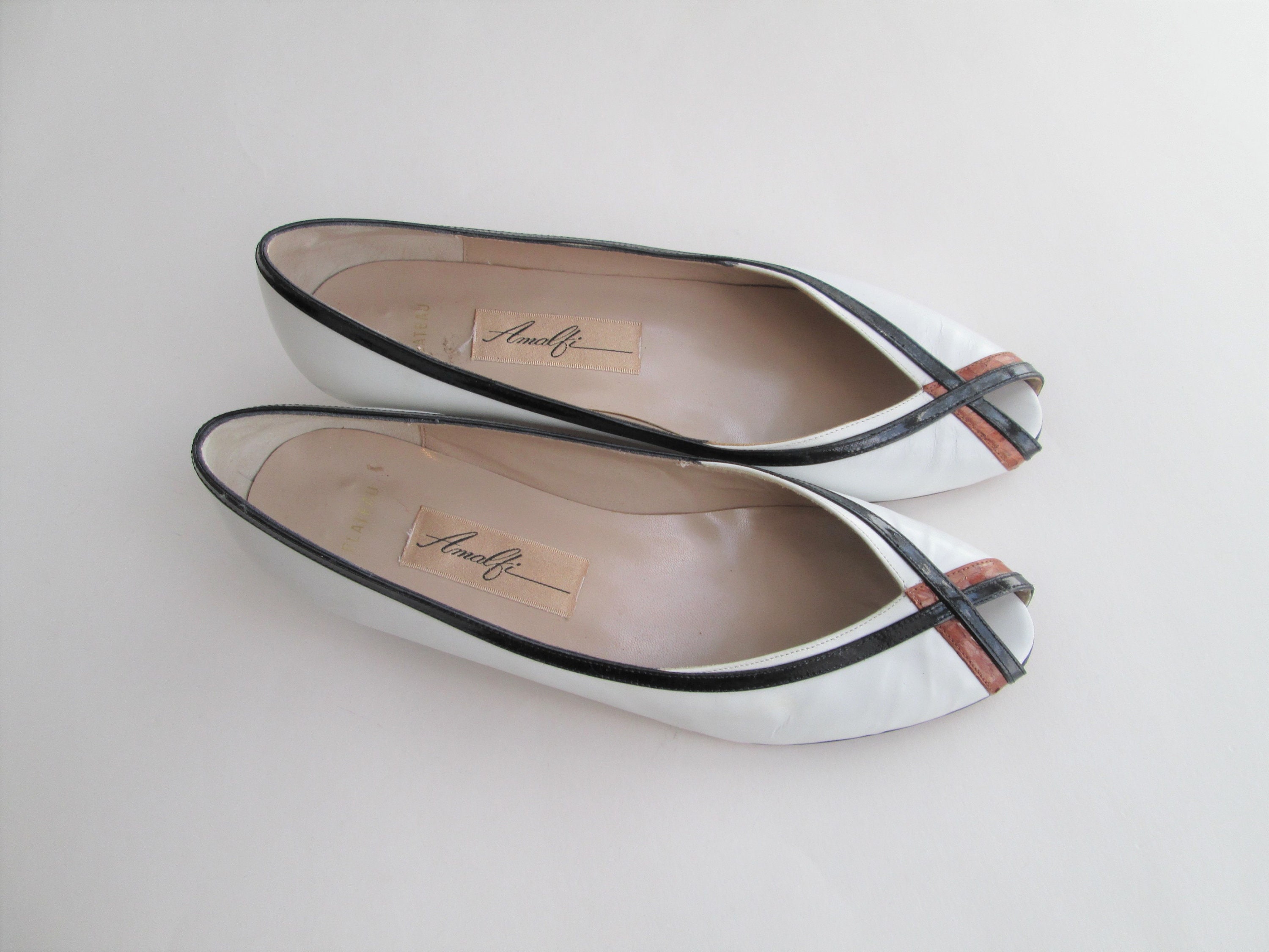 Vintage 1980s Italian Leather Shoes Flats Peeptoe White Black | Etsy