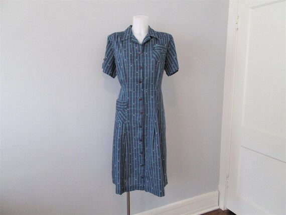 Dress Shirtdress Vintage 1950s Blue Cotton Plaid E