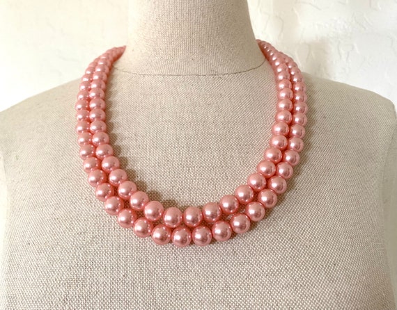 Pink Pearl Necklace Vintage 1960s Two Strand Bead… - image 2