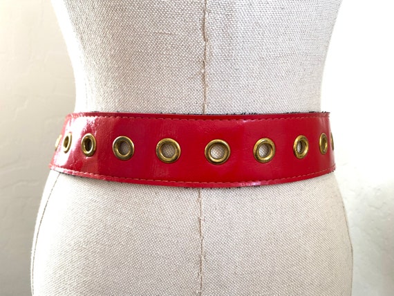 Red Grommet Belt Vintage 1990s Vinyl Gold Plated … - image 5