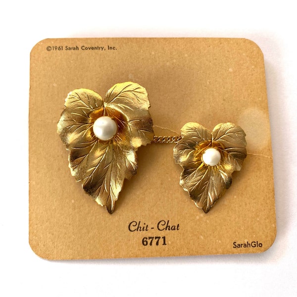 SARAH COVENTRY Sweater Guard Pins Vintage 1960s Deadstock Gold Leaf Pearl Brooch Set