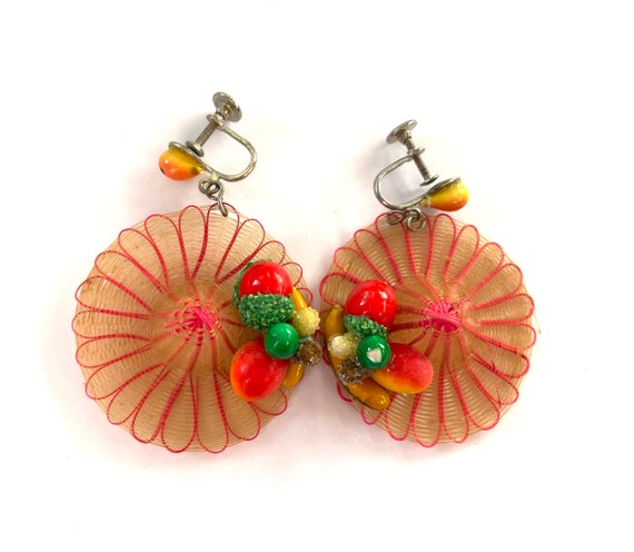 Dangle Earrings Vintage 1950s Wide Brim Hat Fruit… - image 1