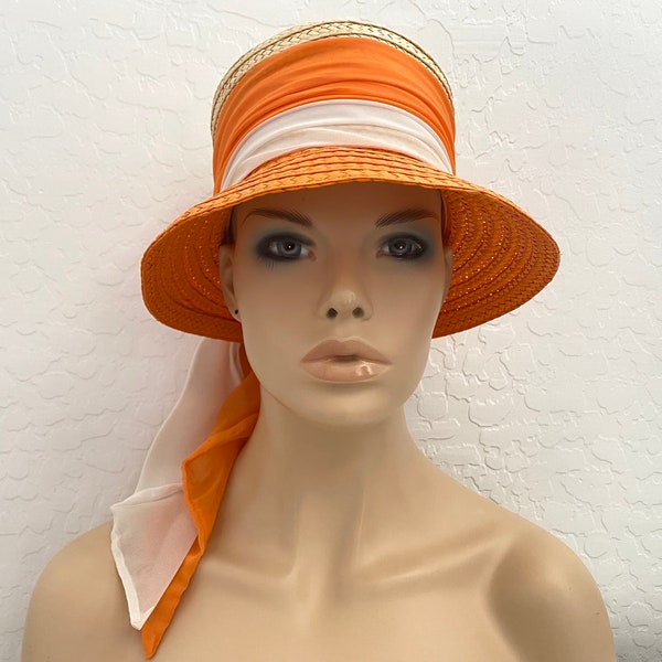 HAPPY CAPPERS Los Angeles Sun Hat Vintage 1960s Orange Beige Straw Bucket Scarf