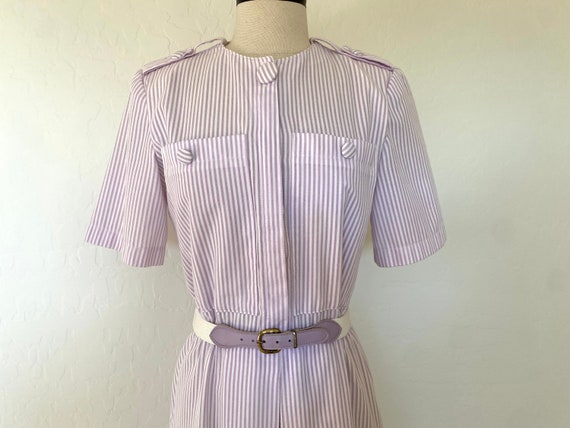 Striped Dress Vintage 1970s Lavender White Seersu… - image 3