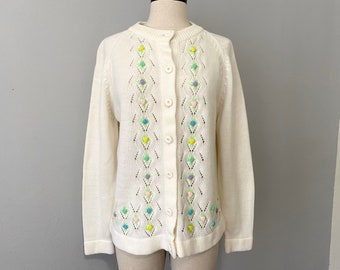 Cardigan Sweater Vintage 1970s White Floral Acrylic Knit