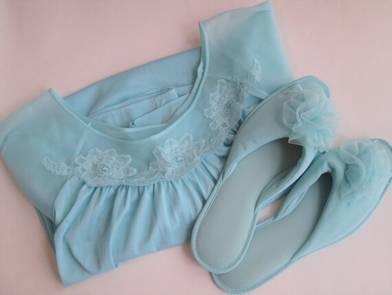 Baby Doll Nightgown Slippers Set Vintage 1960s Aqu