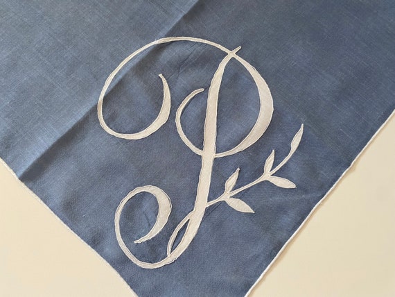 Monogrammed Hankie Vintage 1950s Slate Blue White… - image 3