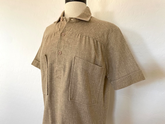 Camp Shirt Vintage 1970s Camel Brown Linen Pullov… - image 3