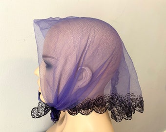 Pinup Foulard vintage années 1950 Sheer Purple Nylon Floqué Dentelle Noire