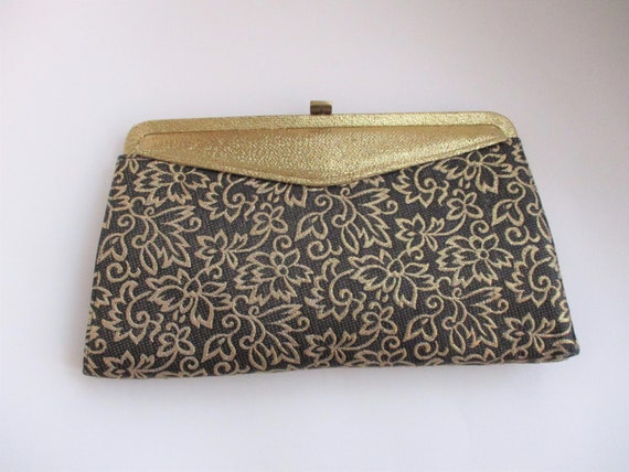 Clutch Purse Vintage 1950s Black Gold Metallic Fl… - image 2