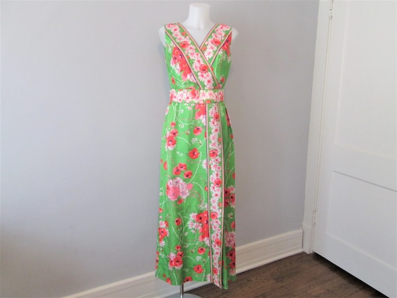 Floral Maxi Dress Vintage 1970s Green Pink Sleevel
