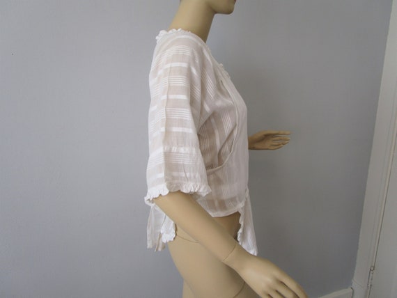 Antique Blouse White Cotton Striped Wrap Around P… - image 4