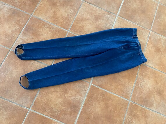 Stirrup Pants Vintage 1980s High Waist Blue Denim… - image 6