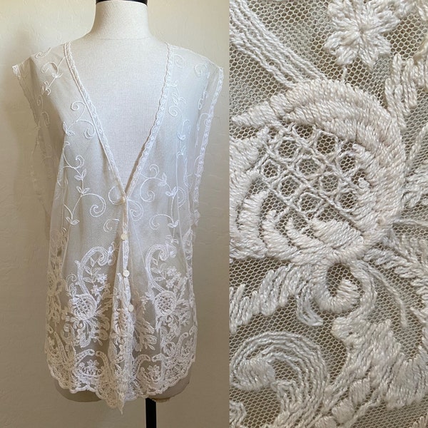 Lace Vest Vintage 1980s Embroidered Net Beige V Neck Blouse