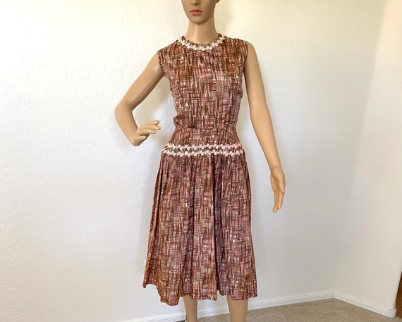 Fit And Flare Dress Vintage 1950s Pink Brown Slee… - image 1