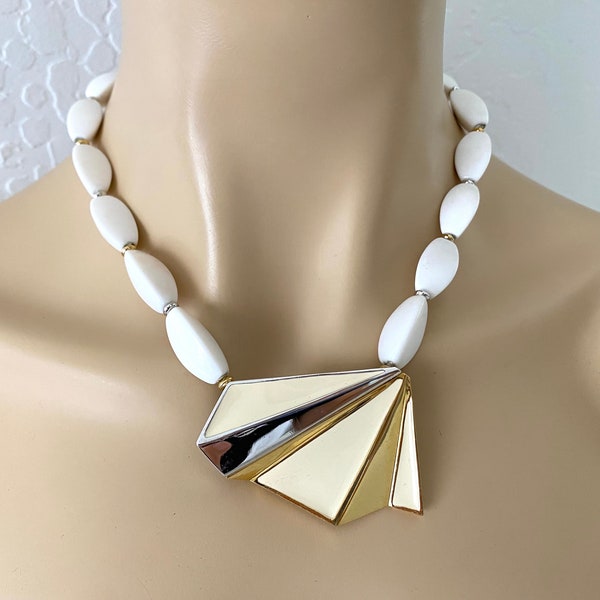 TRIFARI Modernist Necklace Vintage 1980s White Beaded Geometric Pendant Jewelry