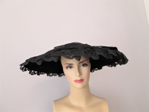 Vintage 1940s Platter Hat Black Lace Wide Brim Old