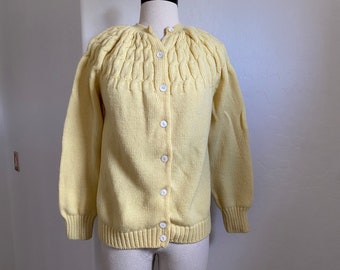 Cardigan Sweater Vintage 1960s Yellow Cable Knit Italian Virgin Wool