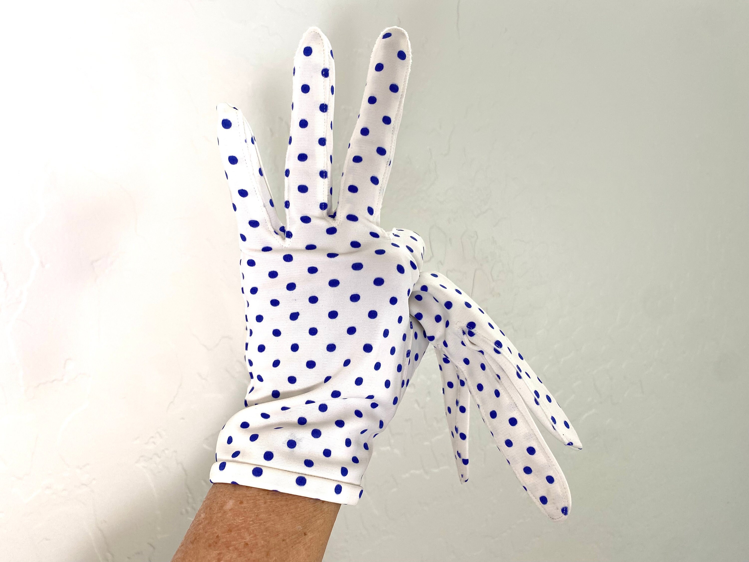 Polka Dot Gloves Vintage 1950s Royal Blue White Nylon Accessories -   Canada
