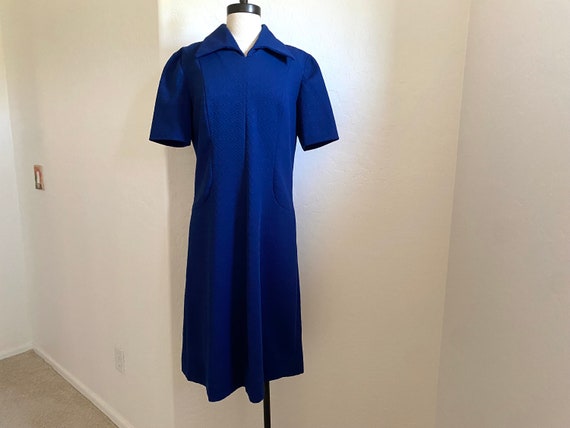 A-Line Dress Vintage 1970s Navy Blue Double Knit … - image 1