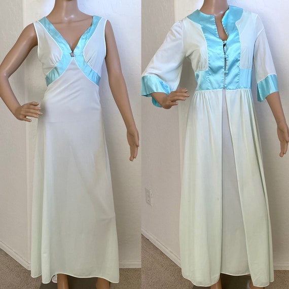 MISTEE Peignoir Set Vintage 1960s Aqua Blue Nylon… - image 1