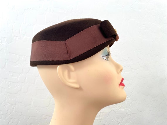 Pillbox Hat Vintage 1940s Brown Wool Felt Bow - image 6