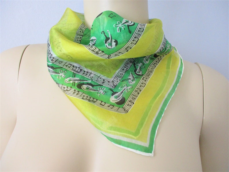 Silk Scarf Neckerchief Pocket Hankie Vintage 1950s Green Yellow Music Notes String Instruments Violin Lute image 1