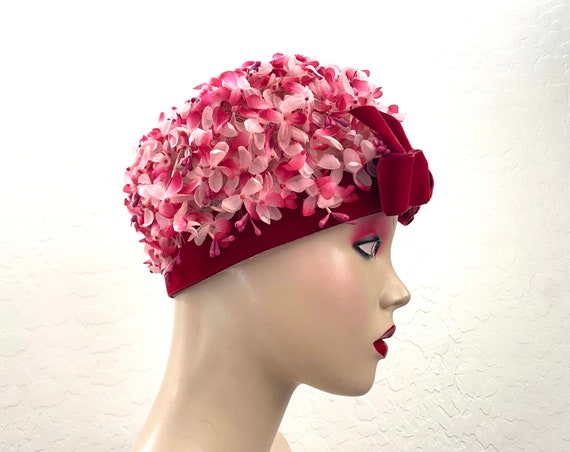 Pink Floral Hat Vintage 1960s Mod Velvet Bow - image 5