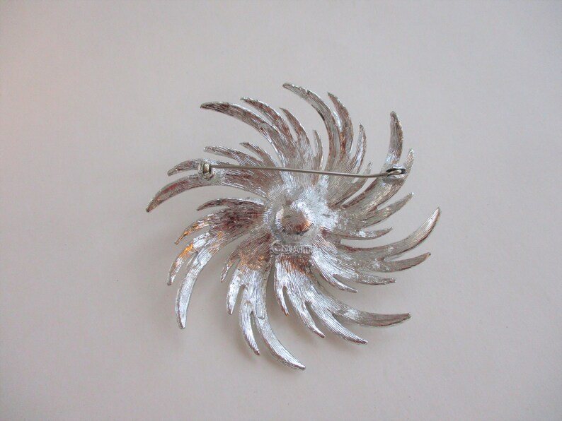 SARAH COVENTRY Atomic Swirl Brooch Clip Earrings Vintage 1950s Silver Plate Faux Pearl Cabochon Costume Jewelry Set