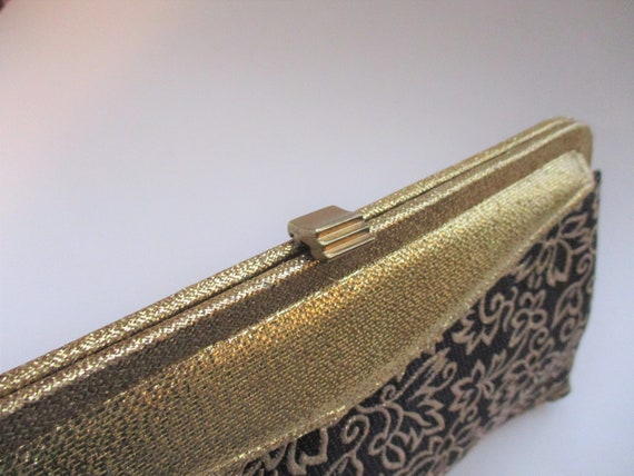 Clutch Purse Vintage 1950s Black Gold Metallic Fl… - image 3