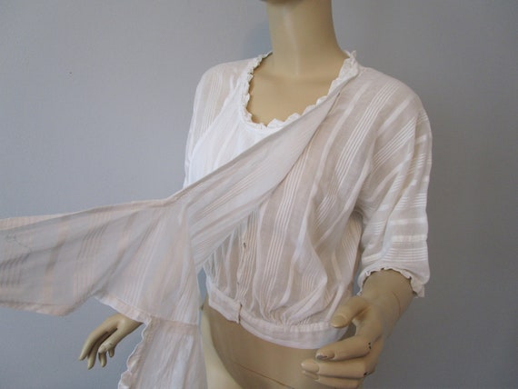 Antique Blouse White Cotton Striped Wrap Around P… - image 6