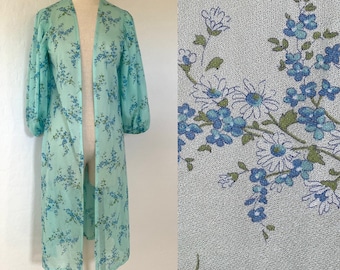Duster Robe Vintage 1970s Aqua Blue Floral Sheer Polyester Lingerie