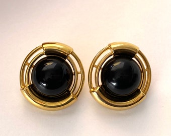 MONET Modernist Earrings Vintage 1980s Yellow Gold Plated Black Lucite Geometric Jewelry