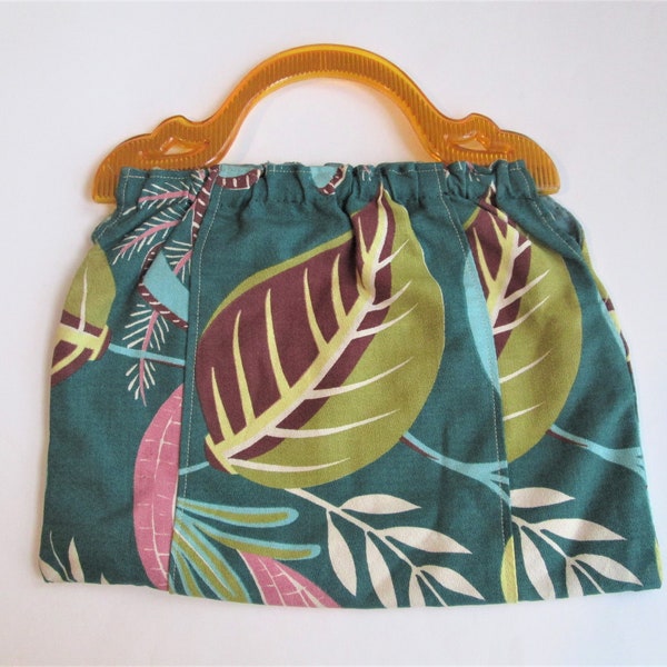 Barkcloth Purse Vintage 1950s Green Leaf Print Amber Lucite Handles Tote Handbag