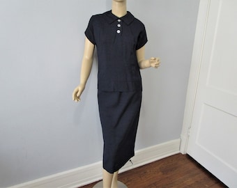 MARY MASON Suit Vintage 1950s Cotton Shantung Pullover Shirt Bow Pencil Skirt
