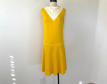 Drop Waist Dress Vintage 1970s Bright Yellow White Sleeveless Polyester