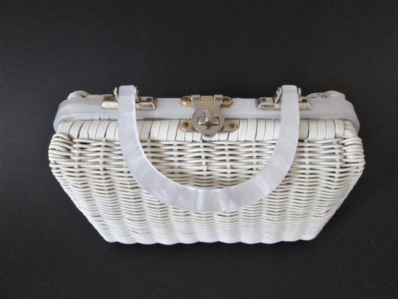 Wicker Purse Vintage 1950s 1960s White Basket Marb