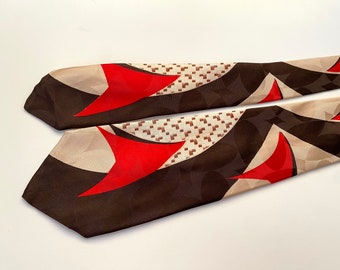 MAY COMPANY Cravate en soie vintage des années 1940 Art déco marron rouge Cravate jacquard