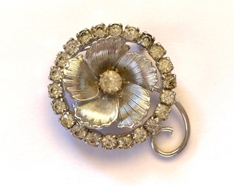 Flower Pin Vintage 1950s Silver Rhinestone Jewelry Brooch