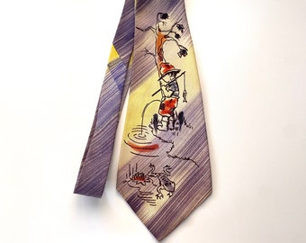 Vintage 1940s Tie Hand Painted Diagonal Striped Novelty Fisherman Peeing In Water