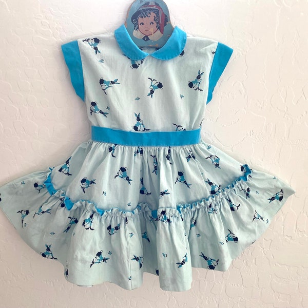 Girls Swing Dress Vintage 1950s Cotton Novelty Bunny Rabbits Fit And Flare