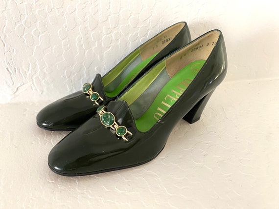 Mod Pumps Vintage 1960s Forest Green Leather Jewe… - image 5