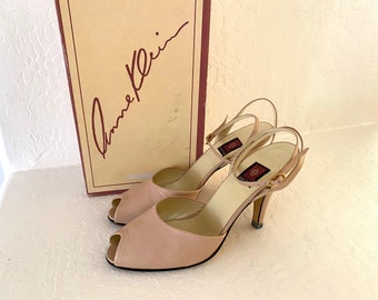 ANNE KLEIN Heels Vintage 1970s Dusty Pink Kid Leather Peeptoe Slingback Sandals