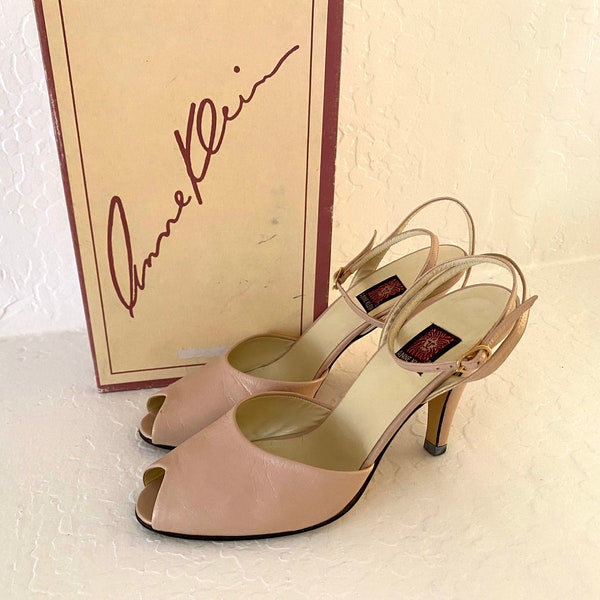 ANNE KLEIN Heels Vintage 1970s Dusty Pink Kid Leather Peeptoe Slingback Sandals