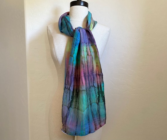 Pure Silk Scarf Vintage 1980s Long Colorful Tie D… - image 1